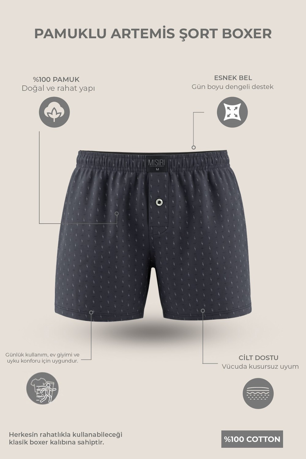 Mısırlı Erkek Pamuk Artemis Relax Fit Boxer Yıldız Desenli/Füme