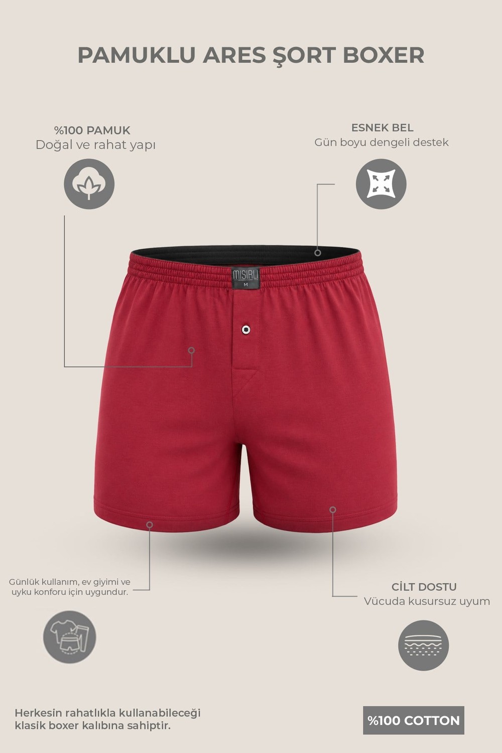 Mısırlı Erkek Pamuklu Ares Şort  Boxer Bordo