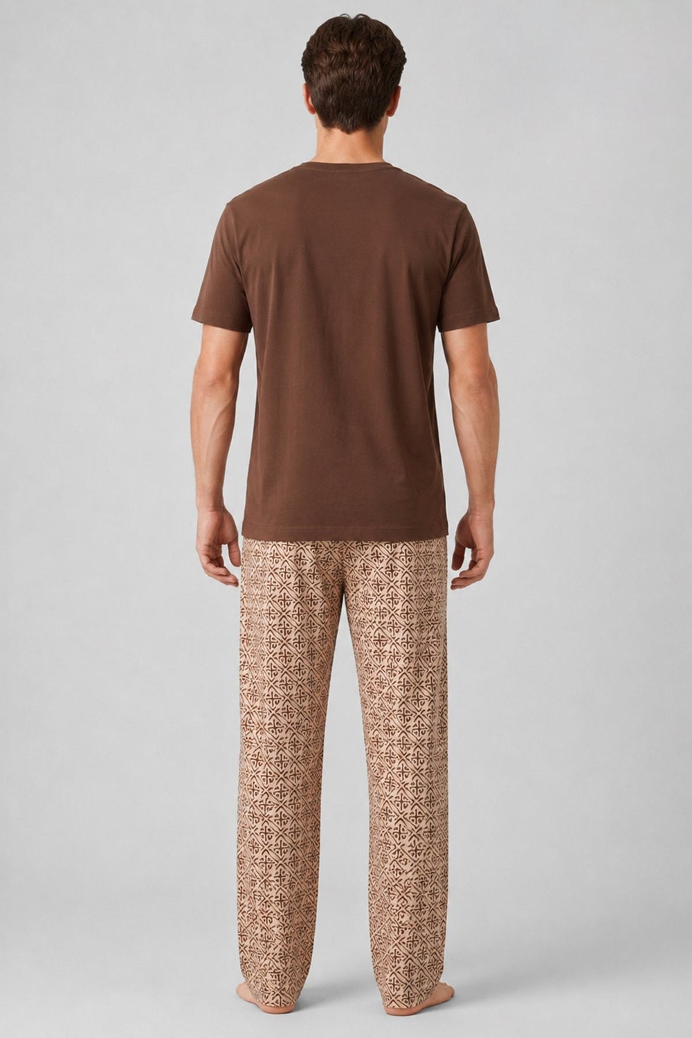 Mısırlı Erkek Pamuklu Bisiklet Yaka Düğmeli Pijama Takım Kahve/Bej