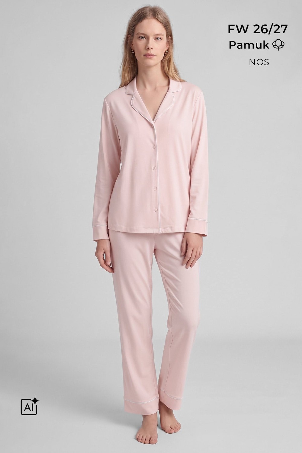 Mısırlı Kadın %100 Pamuk Pijama Takımı Açık Sarı
