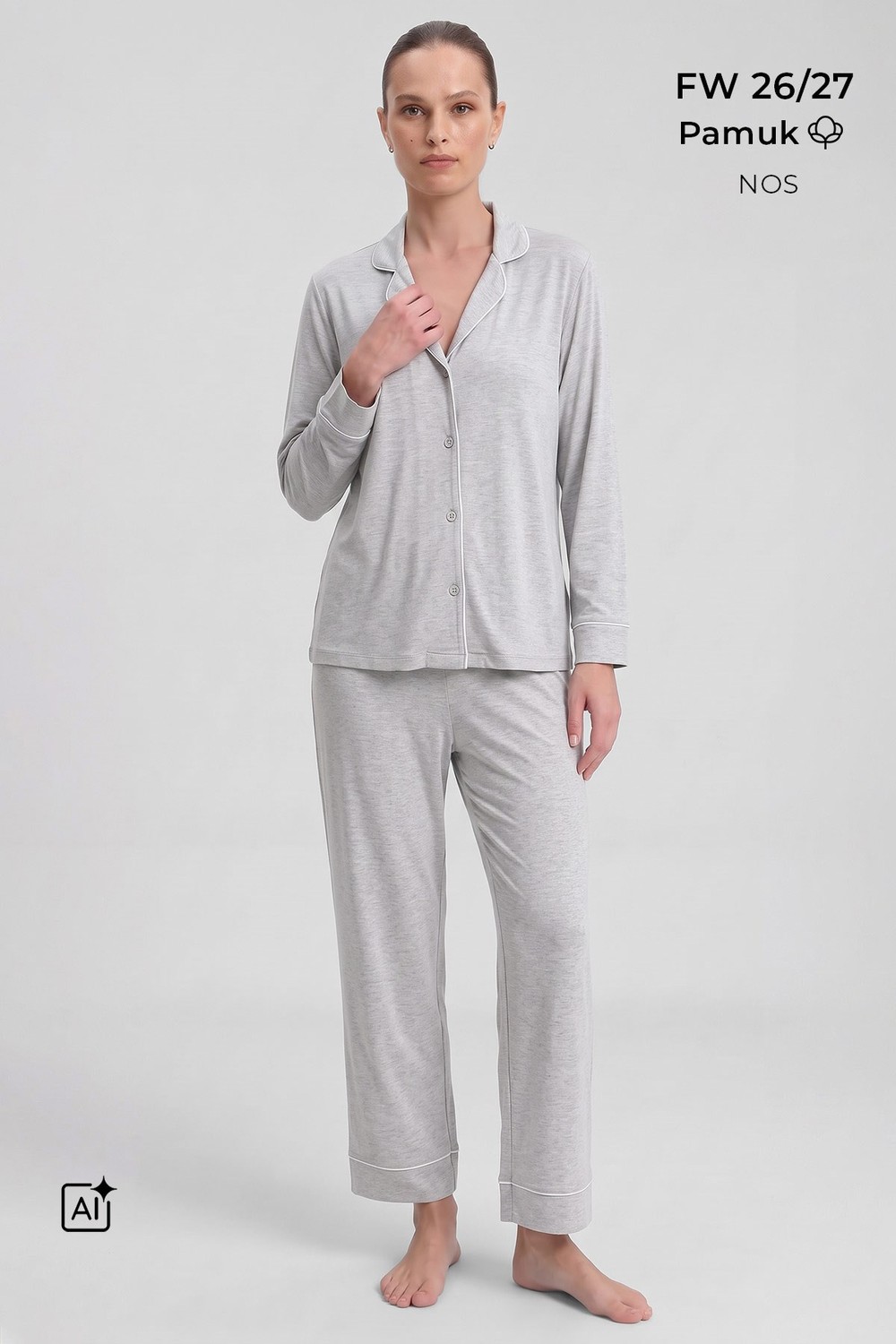 Mısırlı Kadın %100 Pamuk Pijama Takımı Gri Melanj