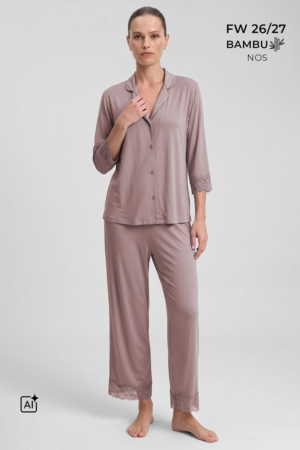 Mısırlı Kadın Bambu Pijama Takımı Kahverengi