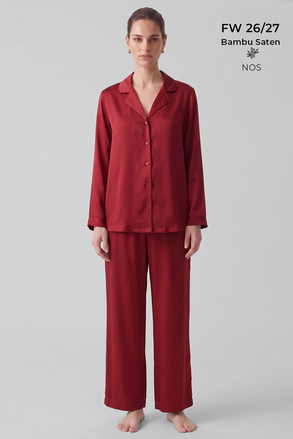 Mısırlı Kadın Bambu Saten Biye Detaylı Pijama Takımı Bordo
