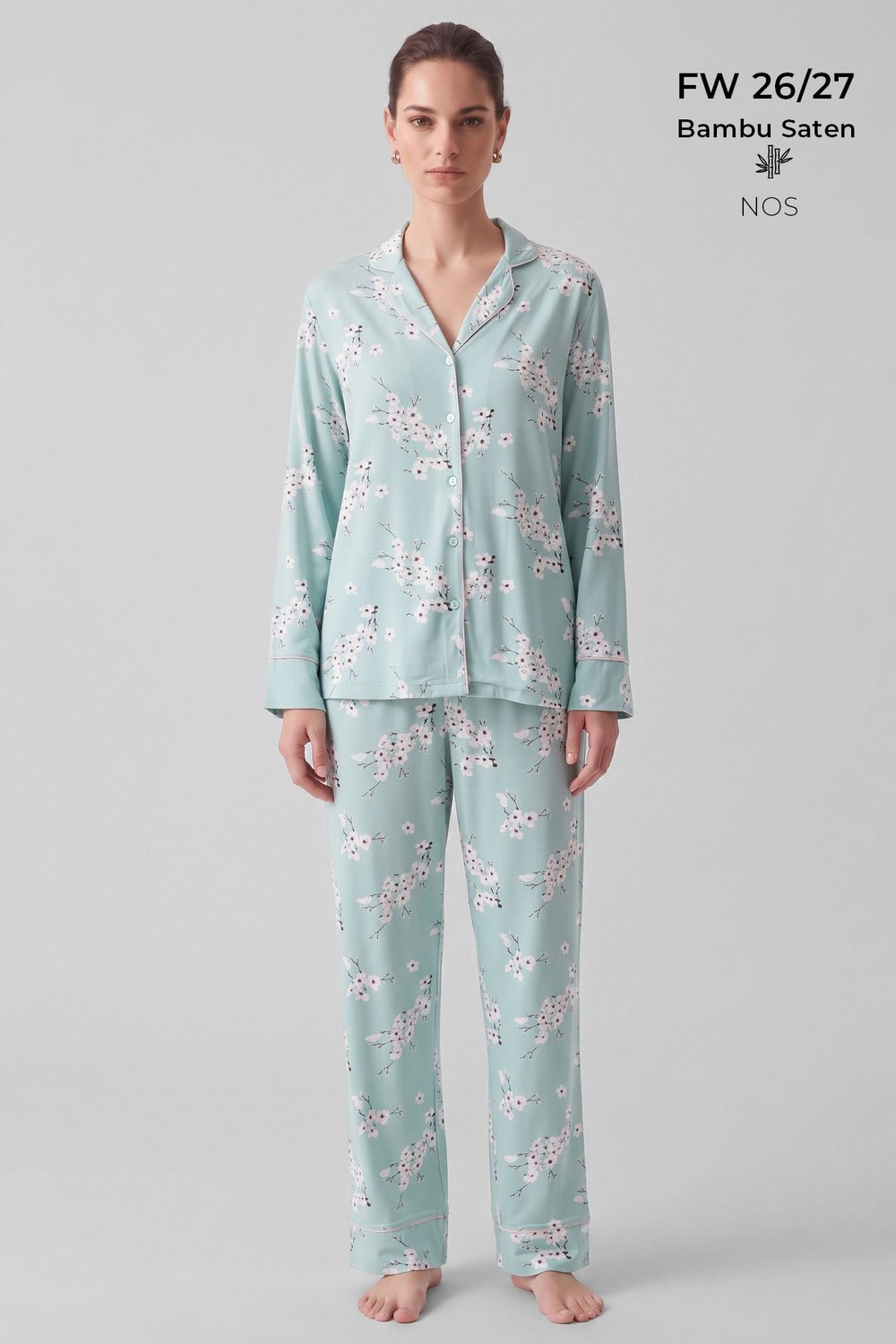 Mısırlı Kadın Bambu Saten Çiçekli Pijama Takımı Çağla Yeşili