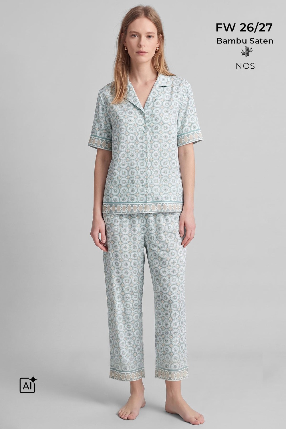 Mısırlı Kadın Bambu Saten Kısa Kol Pijama Takımı Çağla Yeşili