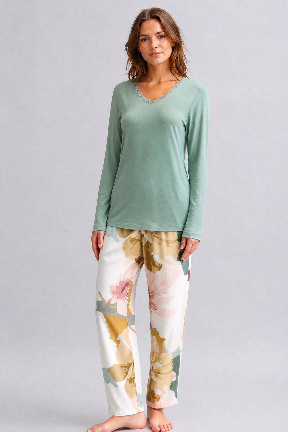 Mısırlı Kadın Bambu Sweatshirt Pijama İkili Takım Çağla Yeşili