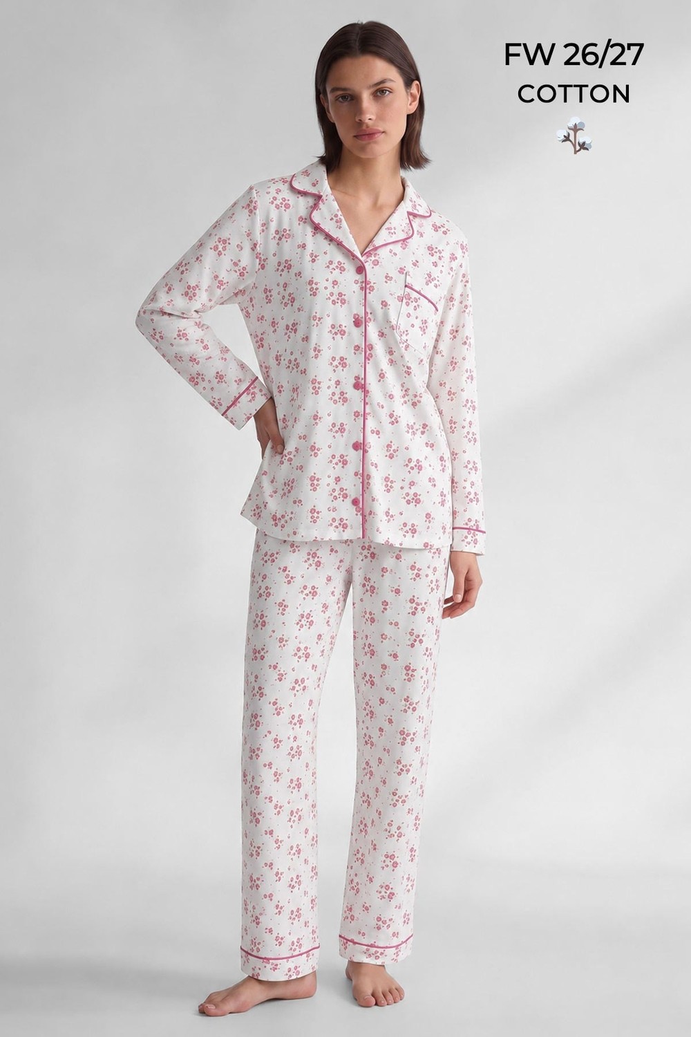 Mısırlı Kadın Düğmeli Çiçek Desenli Pijama Takım Açık Pembe