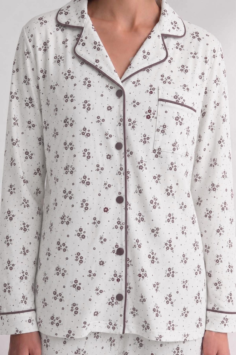 Mısırlı Kadın Düğmeli Çiçek Desenli Pijama Takım Vizon