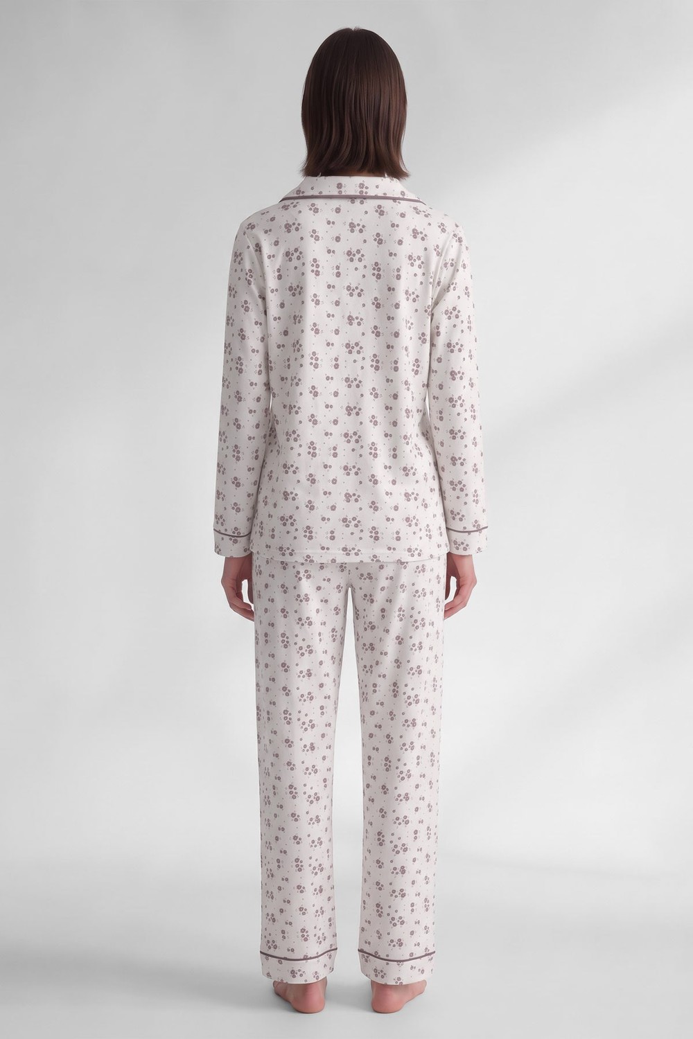 Mısırlı Kadın Düğmeli Çiçek Desenli Pijama Takım Vizon