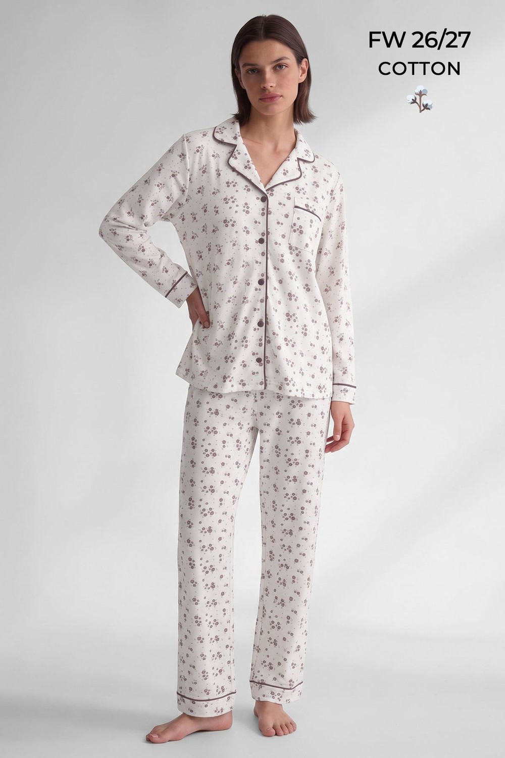 Mısırlı Kadın Düğmeli Çiçek Desenli Pijama Takım Vizon