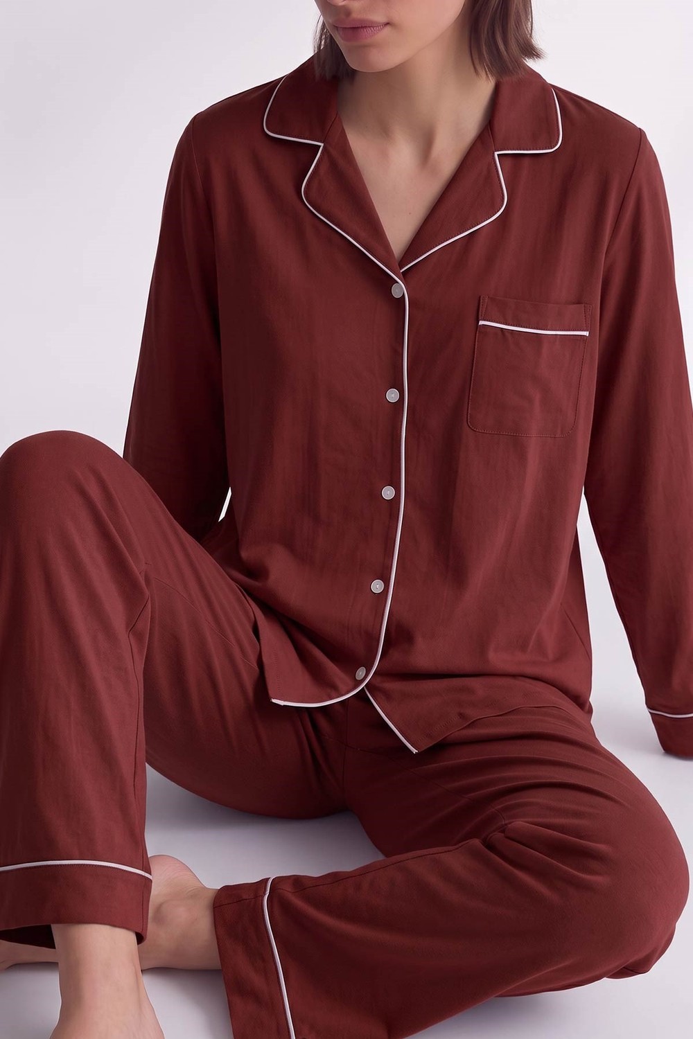 Mısırlı Kadın Modal Biye Detaylı Pijama Takım Bordo