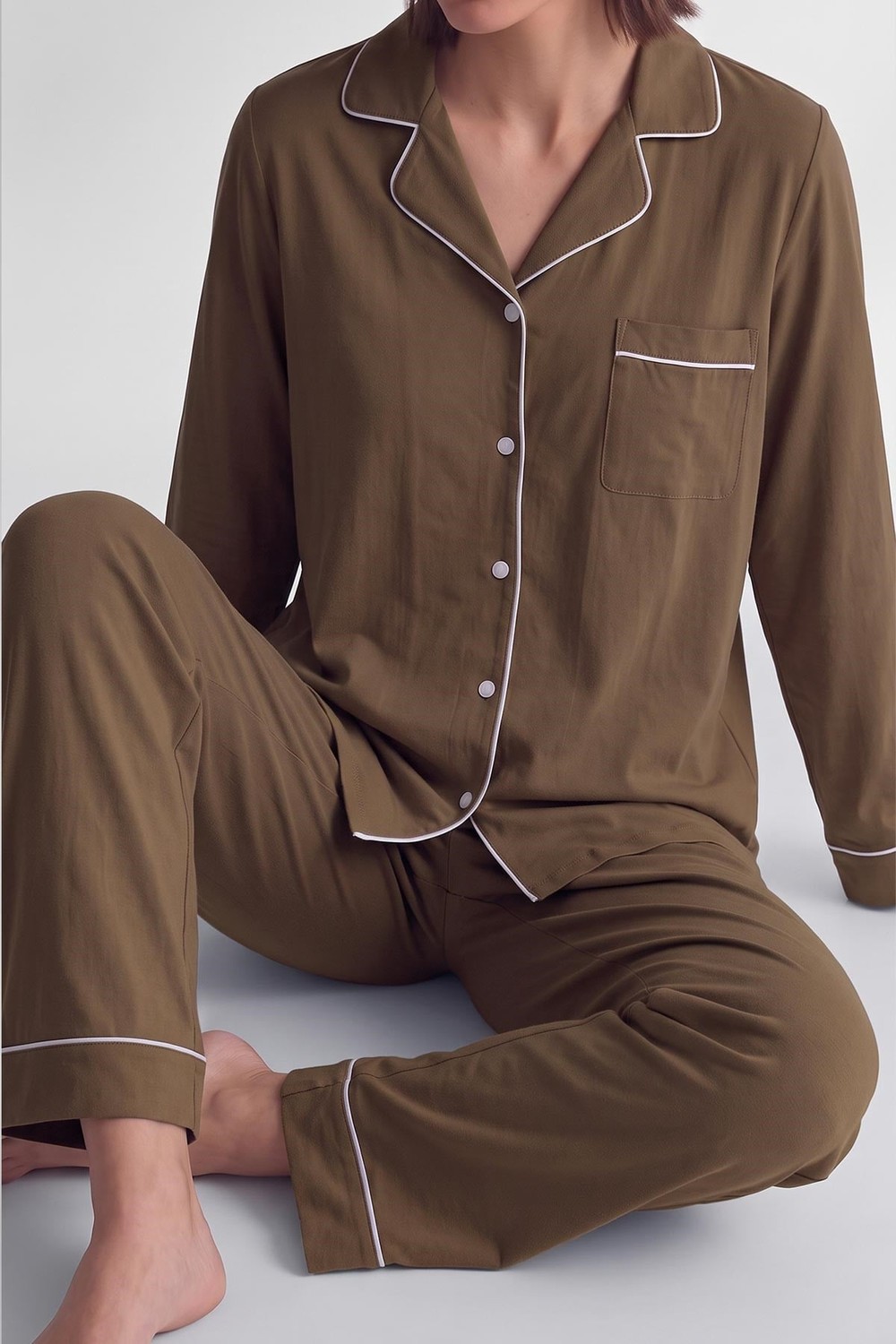 Mısırlı Kadın Modal Biye Detaylı Pijama Takım Kahverengi