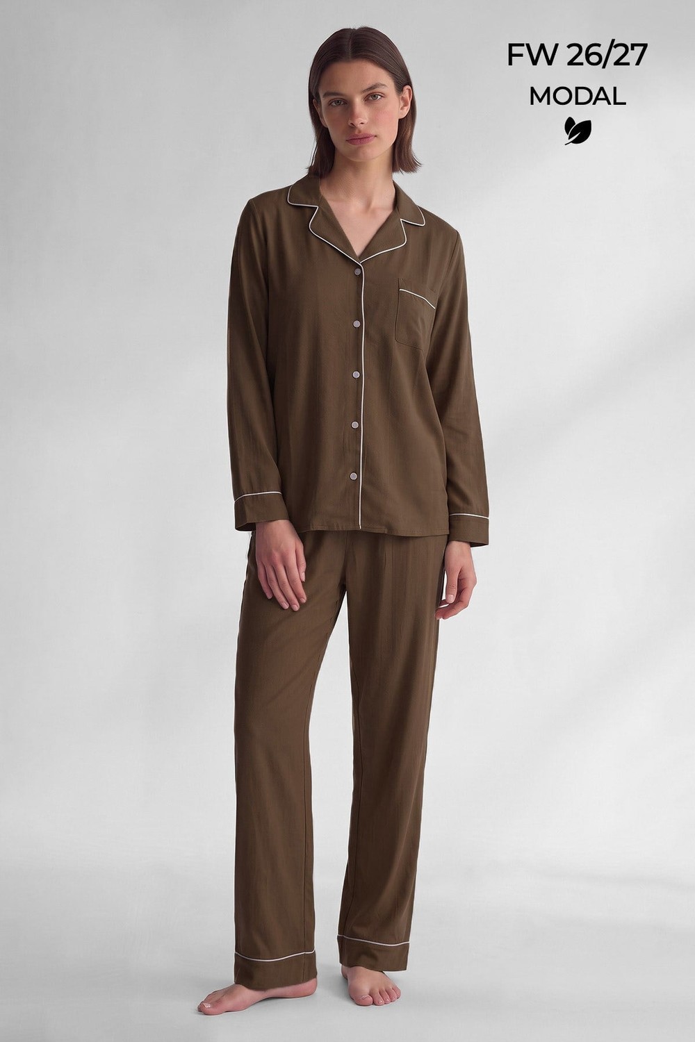 Mısırlı Kadın Modal Biye Detaylı Pijama Takım Kahverengi