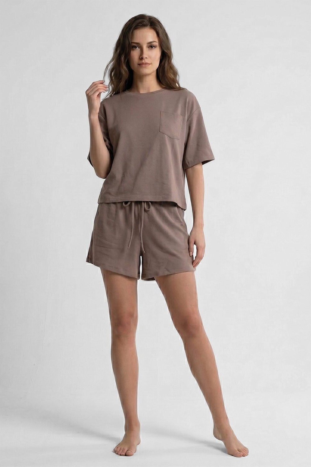 Mısırlı Kadın Modal Oversize Cepli T-shirt Şort Takım Açık Kahverengi