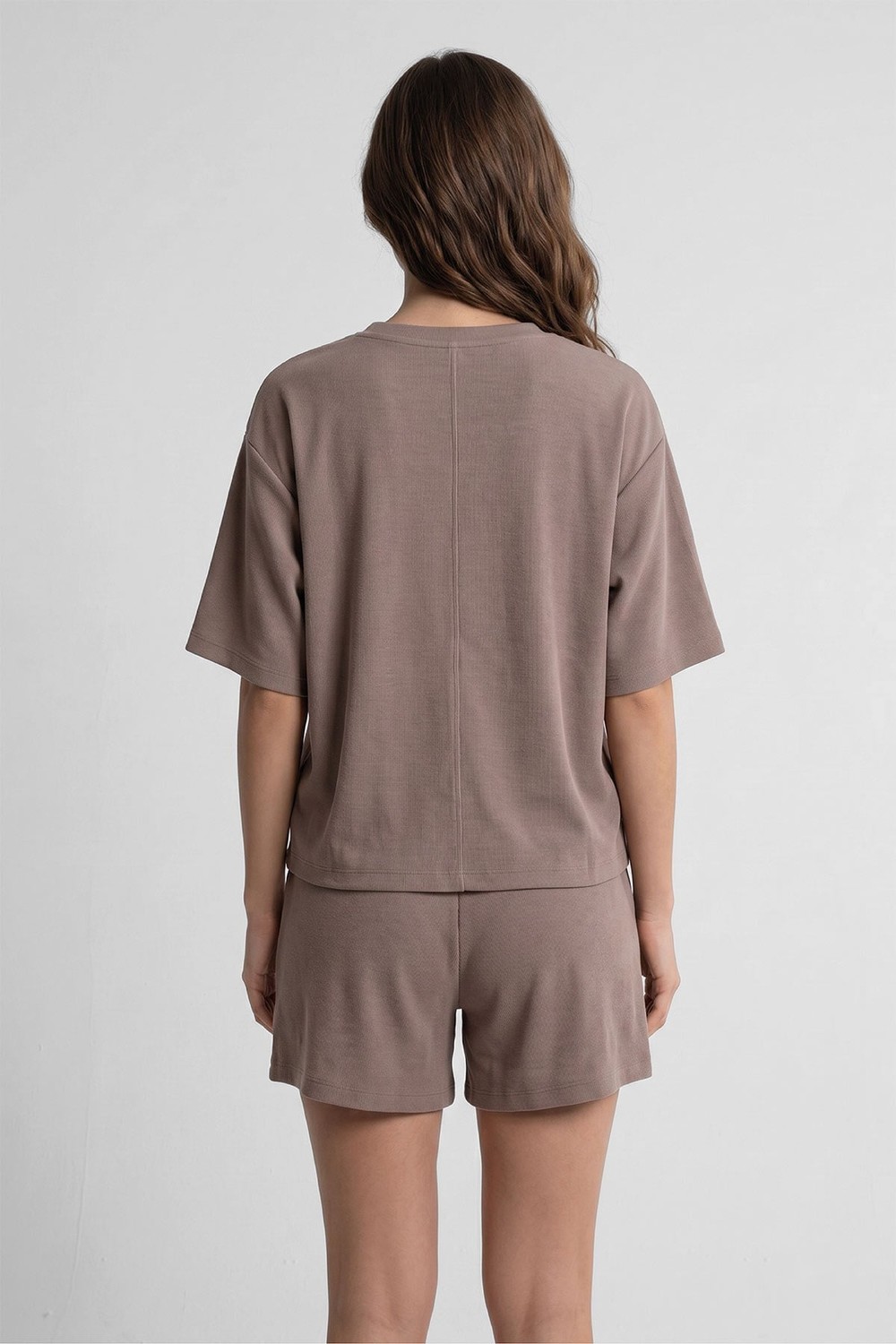 Mısırlı Kadın Modal Oversize Cepli T-shirt Şort Takım Açık Kahverengi