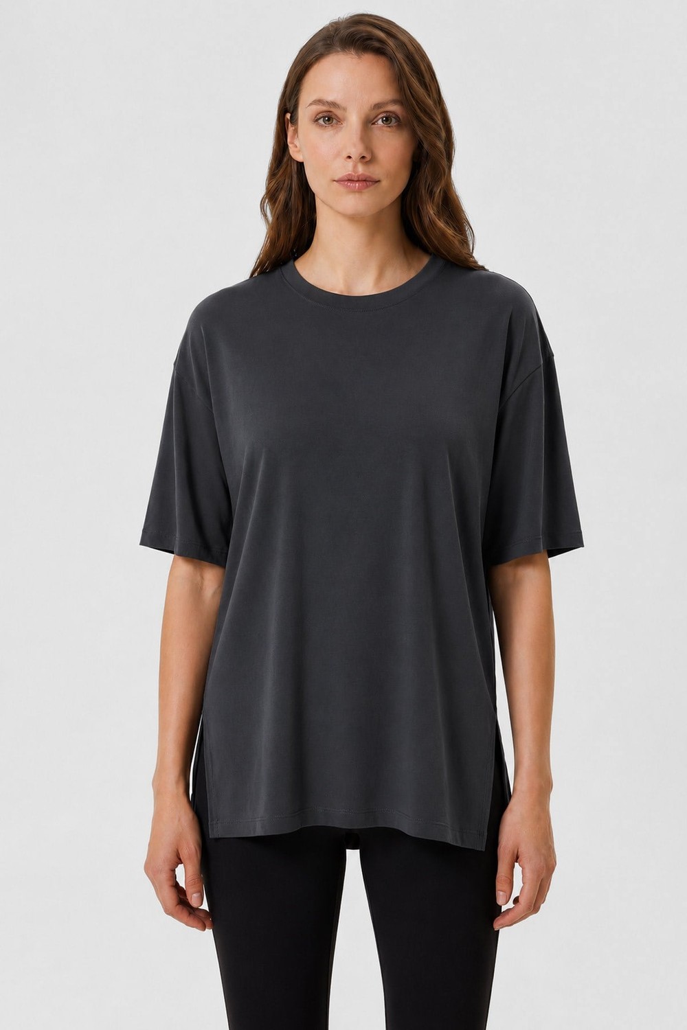 Mısırlı Kadın Modal Uzun Yırtmaçlı T-Shirt Antrasit