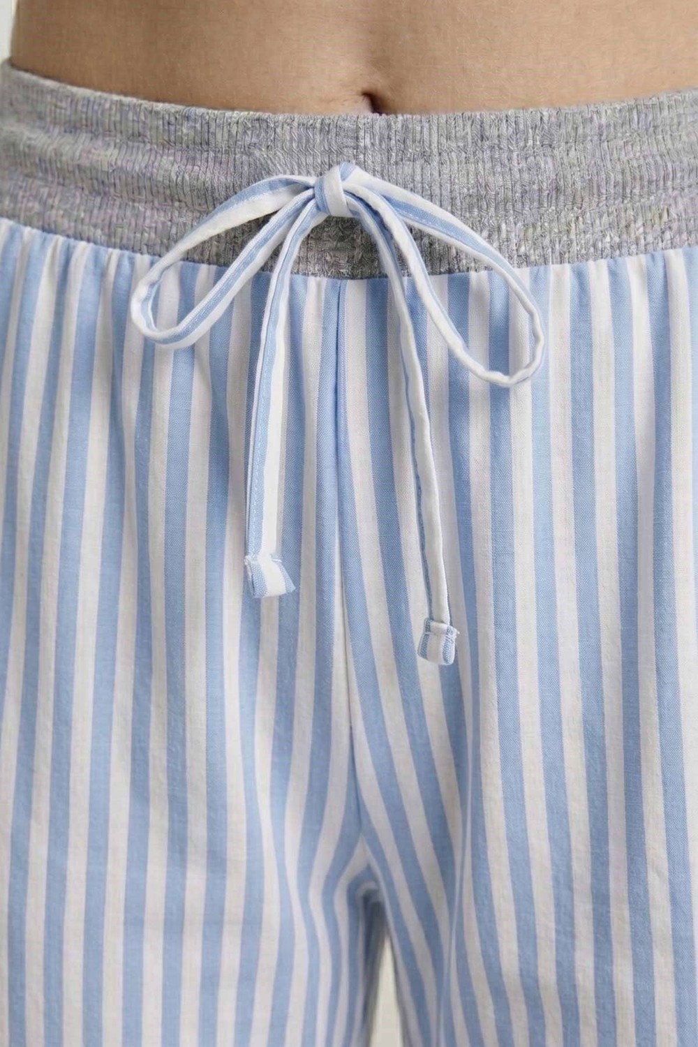 Mısırlı Kadın Pamuklu Çizgili Pijama Takım Gri/Mavi