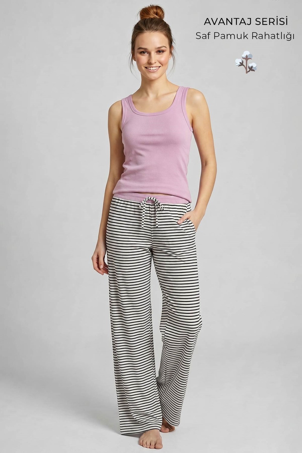Mısırlı Kadın Pamuklu Çizgili Pijama Takım Lila/Siyah