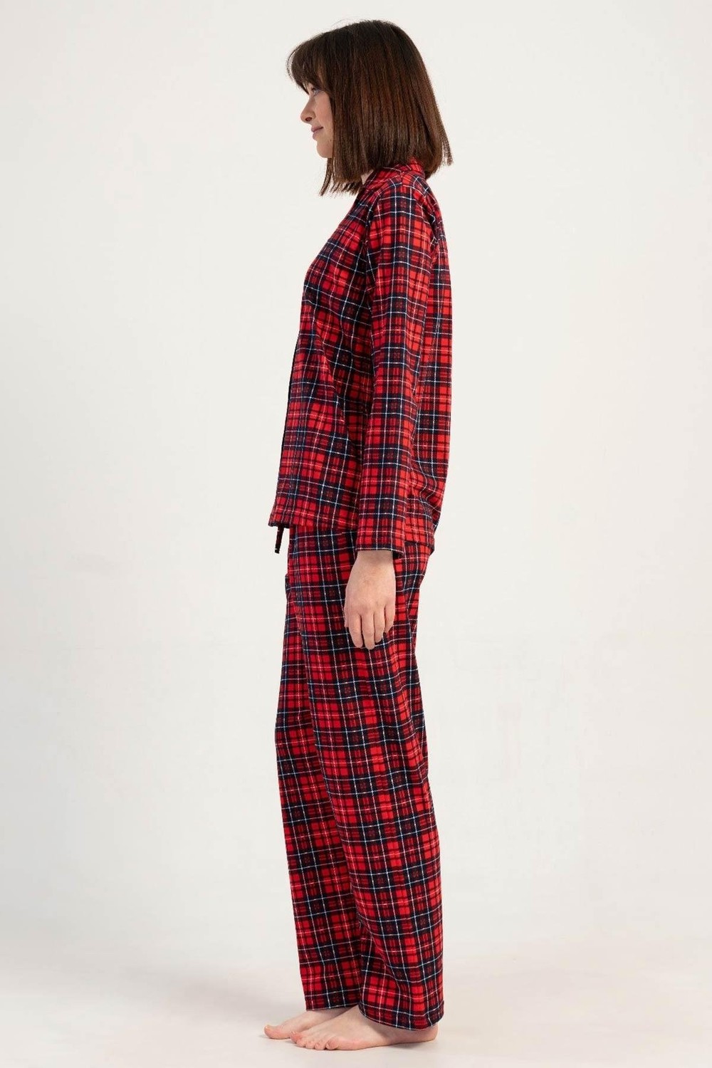Mısırlı Kadın Pamuklu Ekoseli Uzun Kollu Gömlek Pijama Takımı Kırmızı