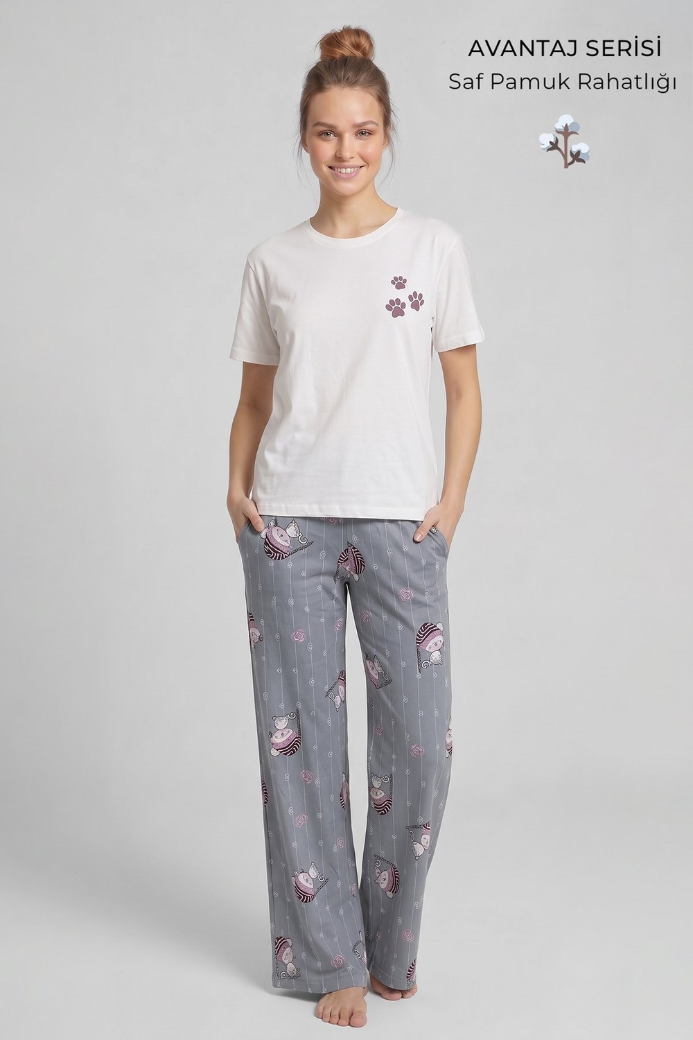 Mısırlı Kadın Pamuklu Pijama Takım Gri/Beyaz