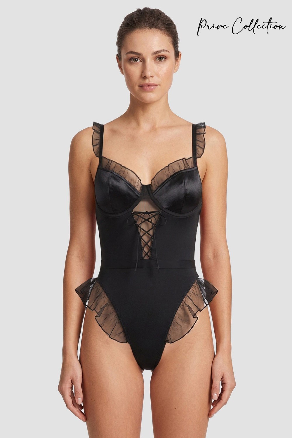 Mısırlı Kadın Tül Fırfır Detaylı Fantezi Body Siyah