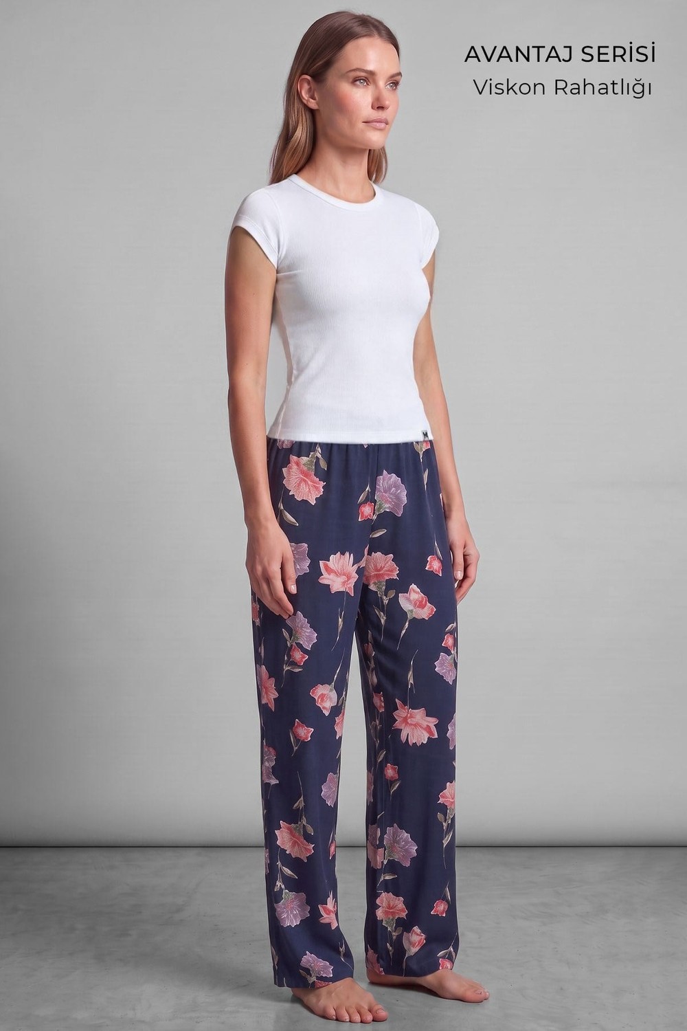 Mısırlı Kadın Viskon Çiçekli Alt Pijama Açık Lacivert