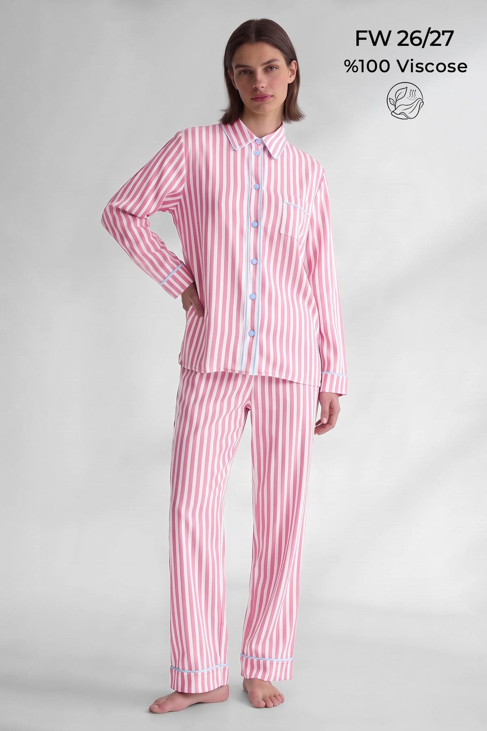 Mısırlı Kadın Viskon Çizgili Garni Detayli Pijama Takım Açık Pembe