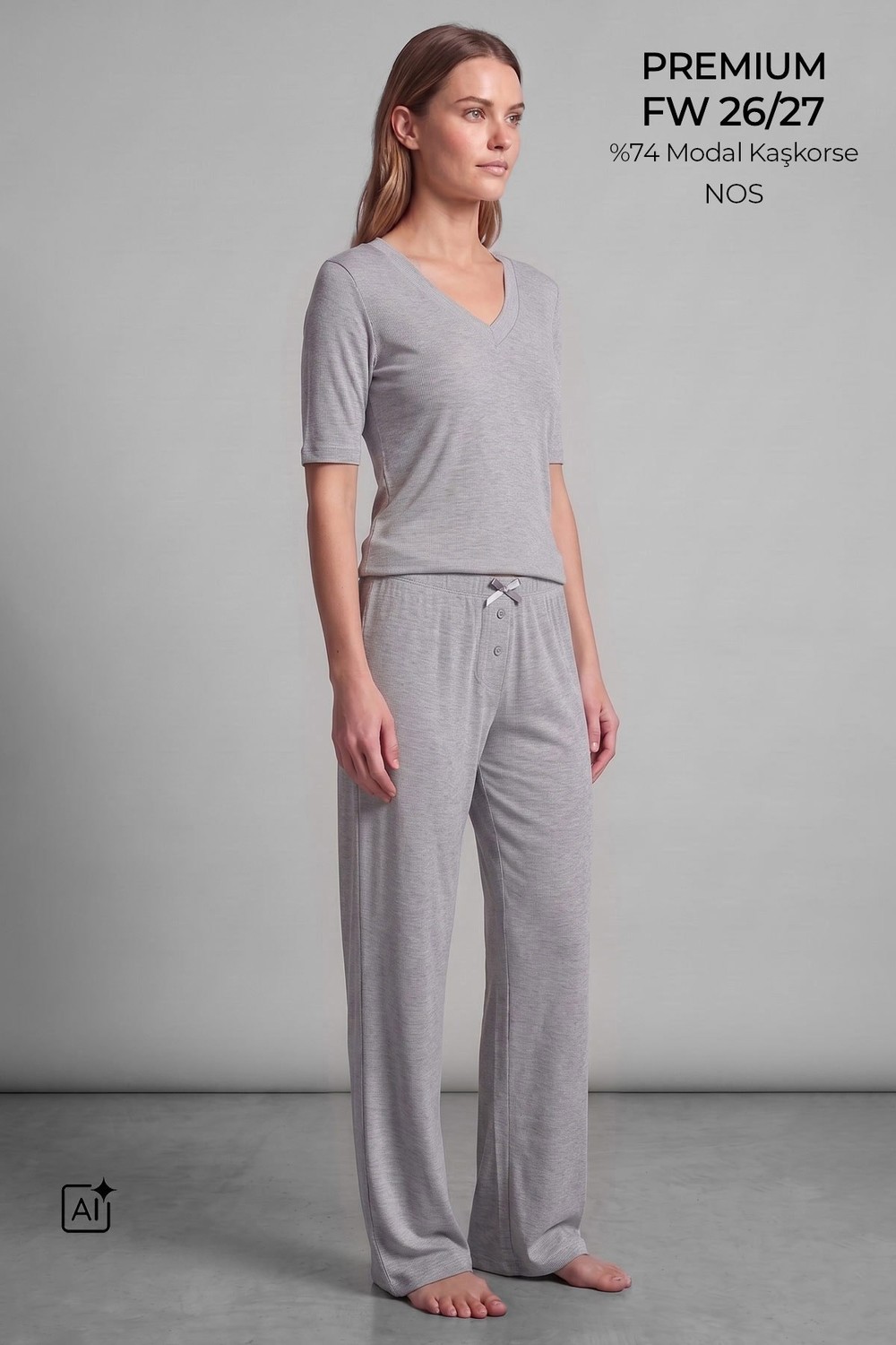 Mısırlı Kadın Modal Kaşkorse Kısa Kol Pijama Takım Gri Melanj
