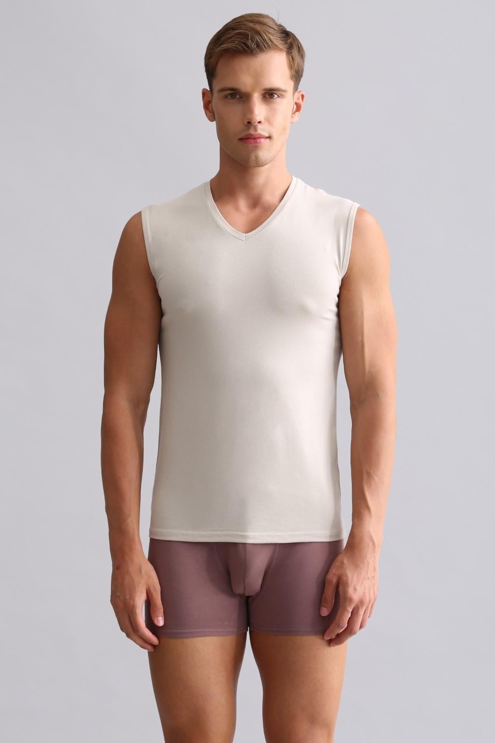 Mısırlı Modal by TENCEL HERCULES Slim Fit V Yaka Sporcu Atlet / T-Shirt Toprak Bej