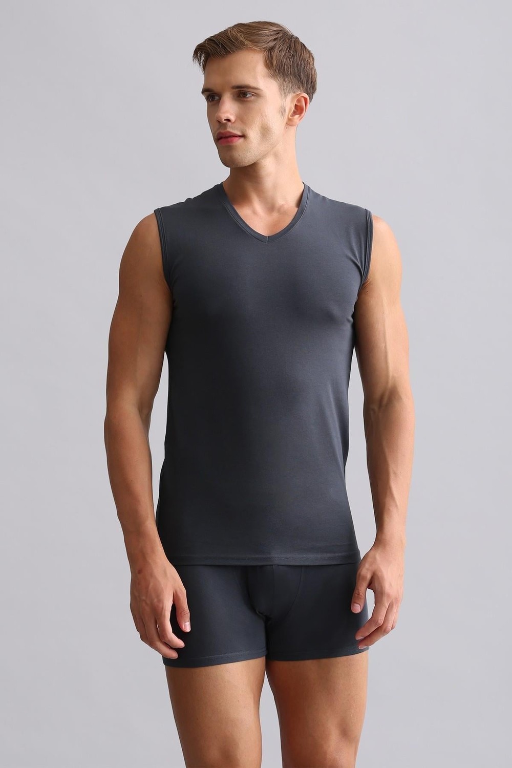 Mısırlı Modal by TENCEL HERCULES Slim Fit V Yaka Sporcu Atlet / T-Shirt Antrasit