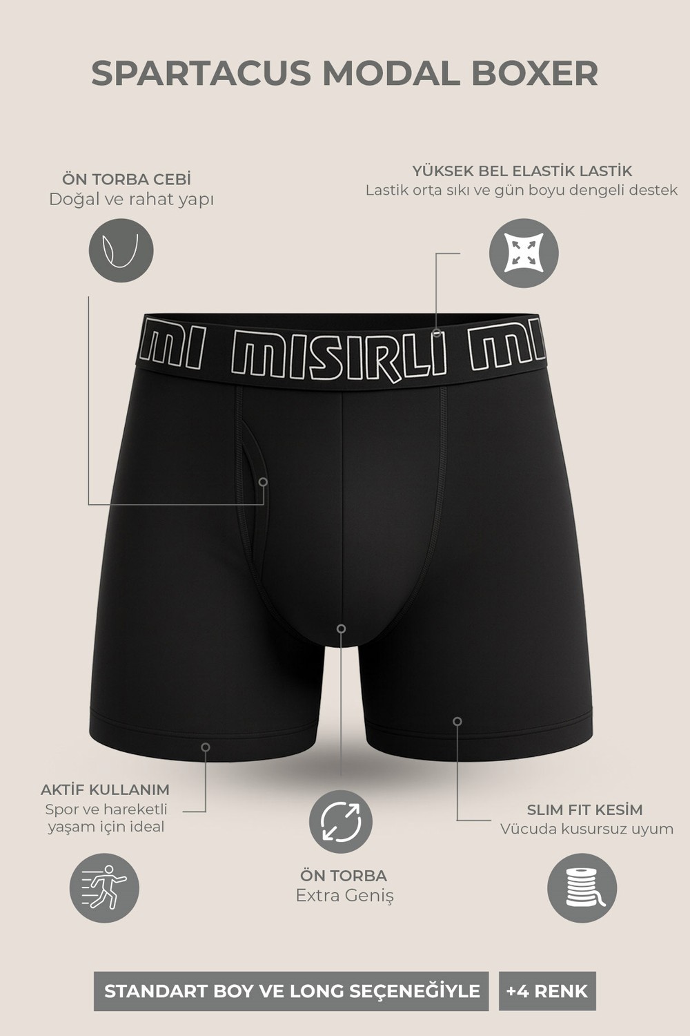 Mısırlı Modal by TENCEL SPARTACUS PERFORMANCE Long Boxer Mavi Lastikli Siyah