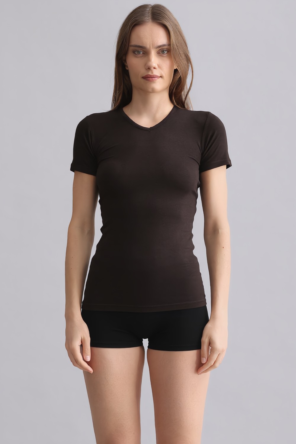 Mısırlı Modal by TENCEL VICTORIA V Yaka Fanila / T-Shirt Kahverengi
