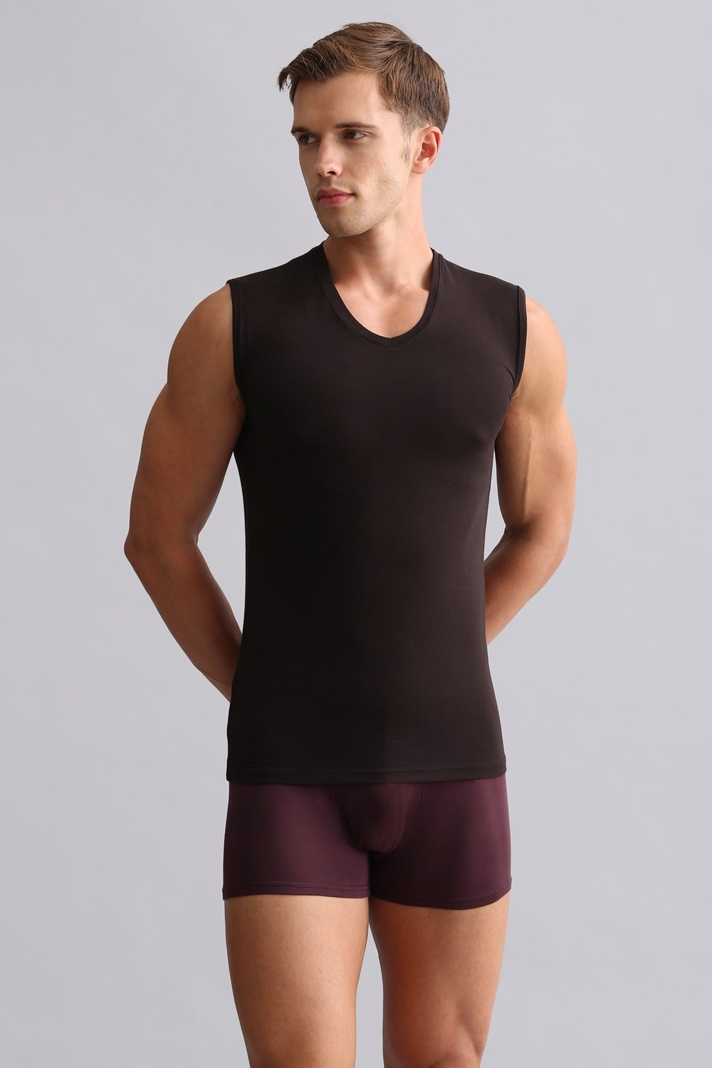 Mısırlı ORGANIC Pamuklu HERCULES Slim Fit V Yaka Sporcu Atlet Kahverengi