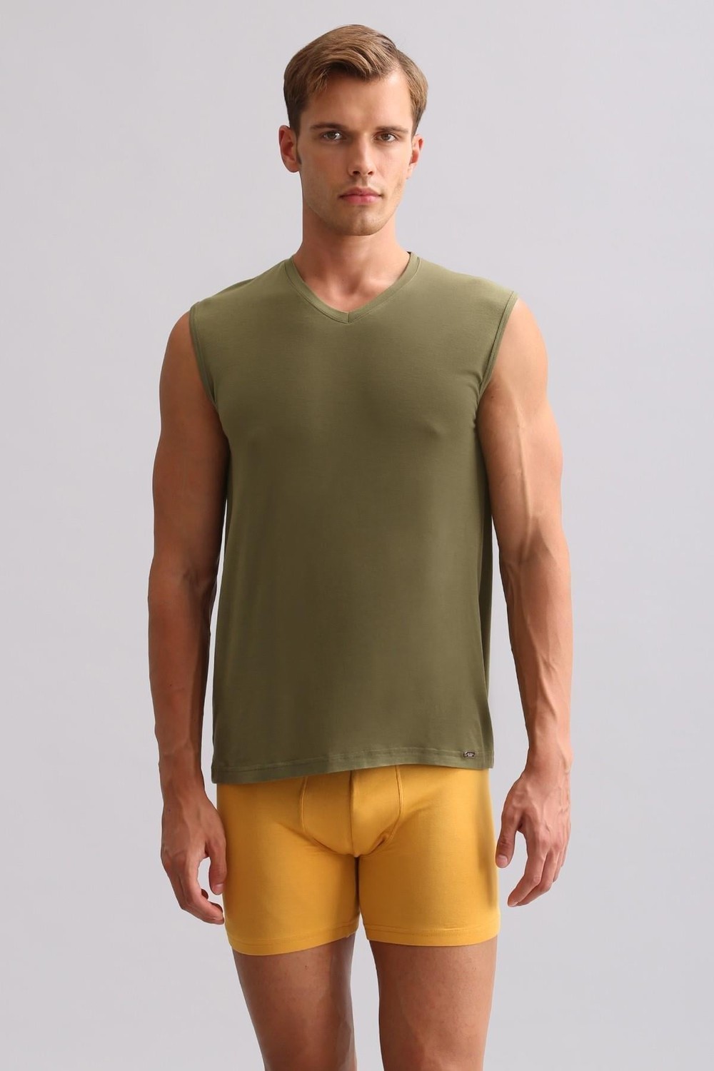 Mısırlı ORGANIC Pamuklu ZEUS LUXURY Regular Fit V Yaka Sporcu Atlet / T-Shirt Haki Zeytin