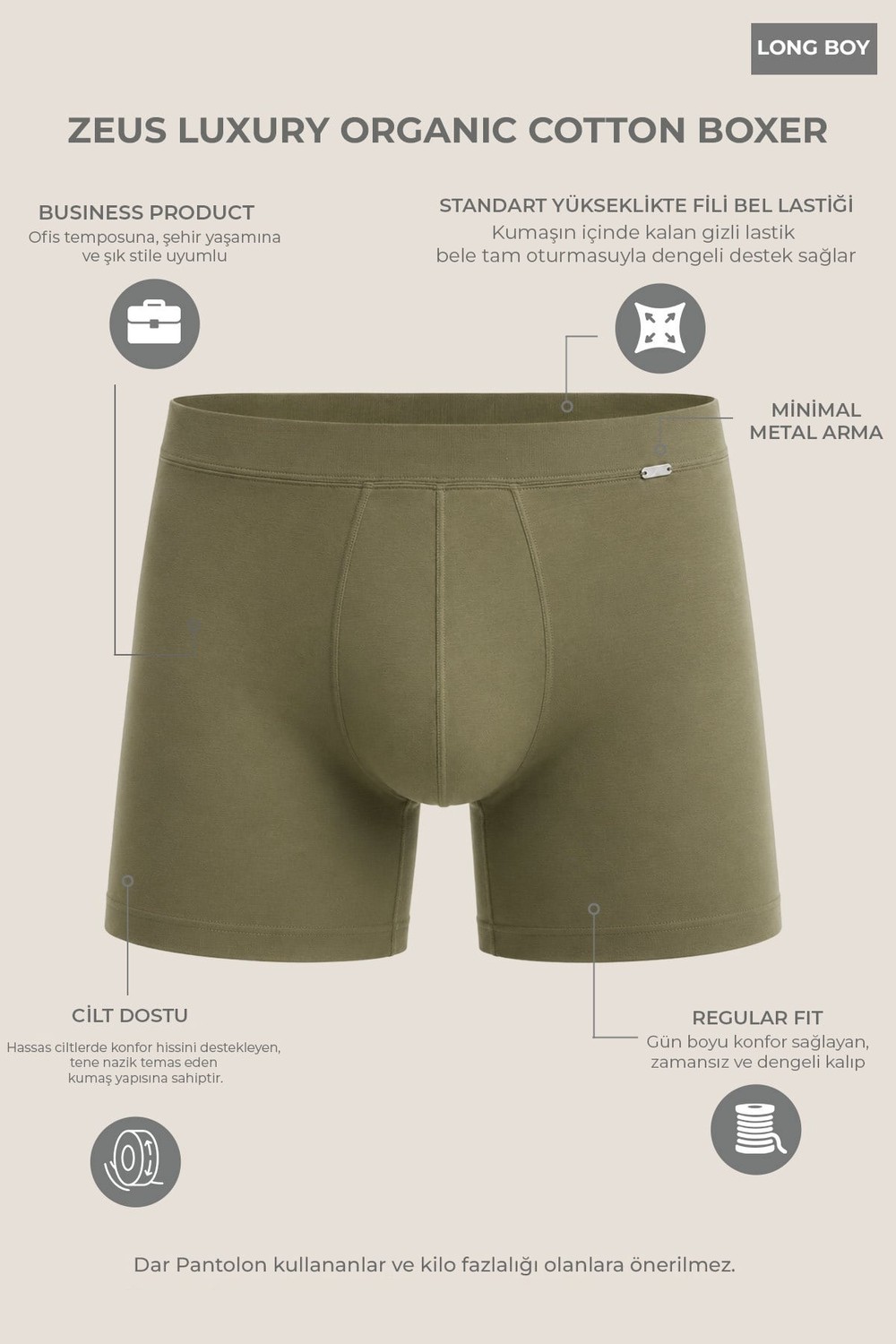 Mısırlı ORGANIC Pamuklu ZEUS LUXURY Regular Fit Metal Armalı Long Boxer Haki Zeytin