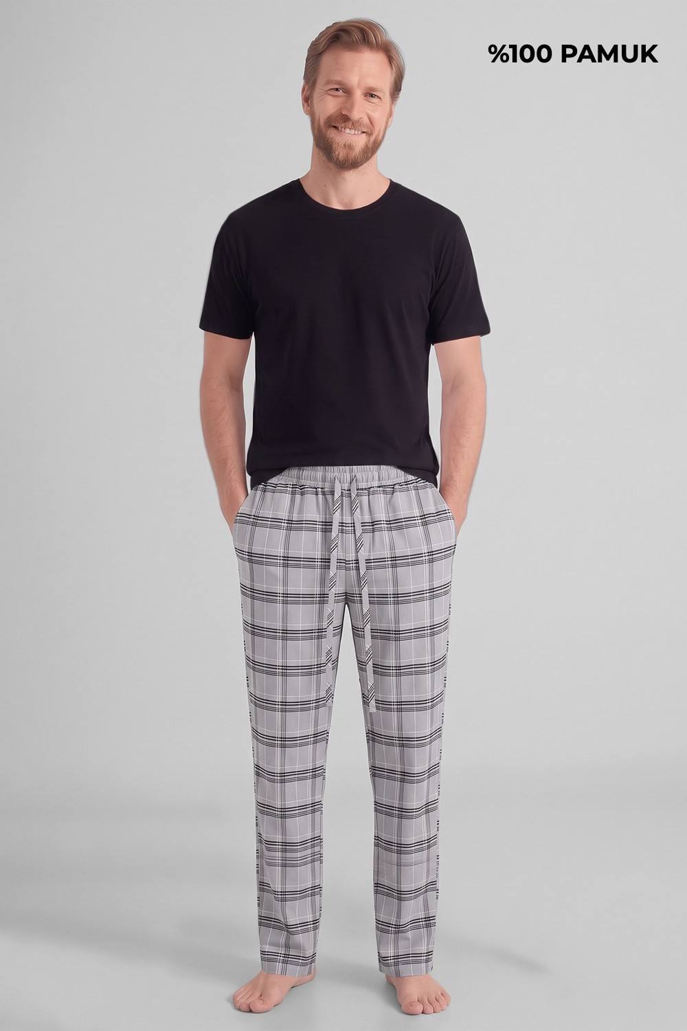 Mısırlı Pamuklu Erkek İkili Alt Pijama Ekose Gri-Kahverengi