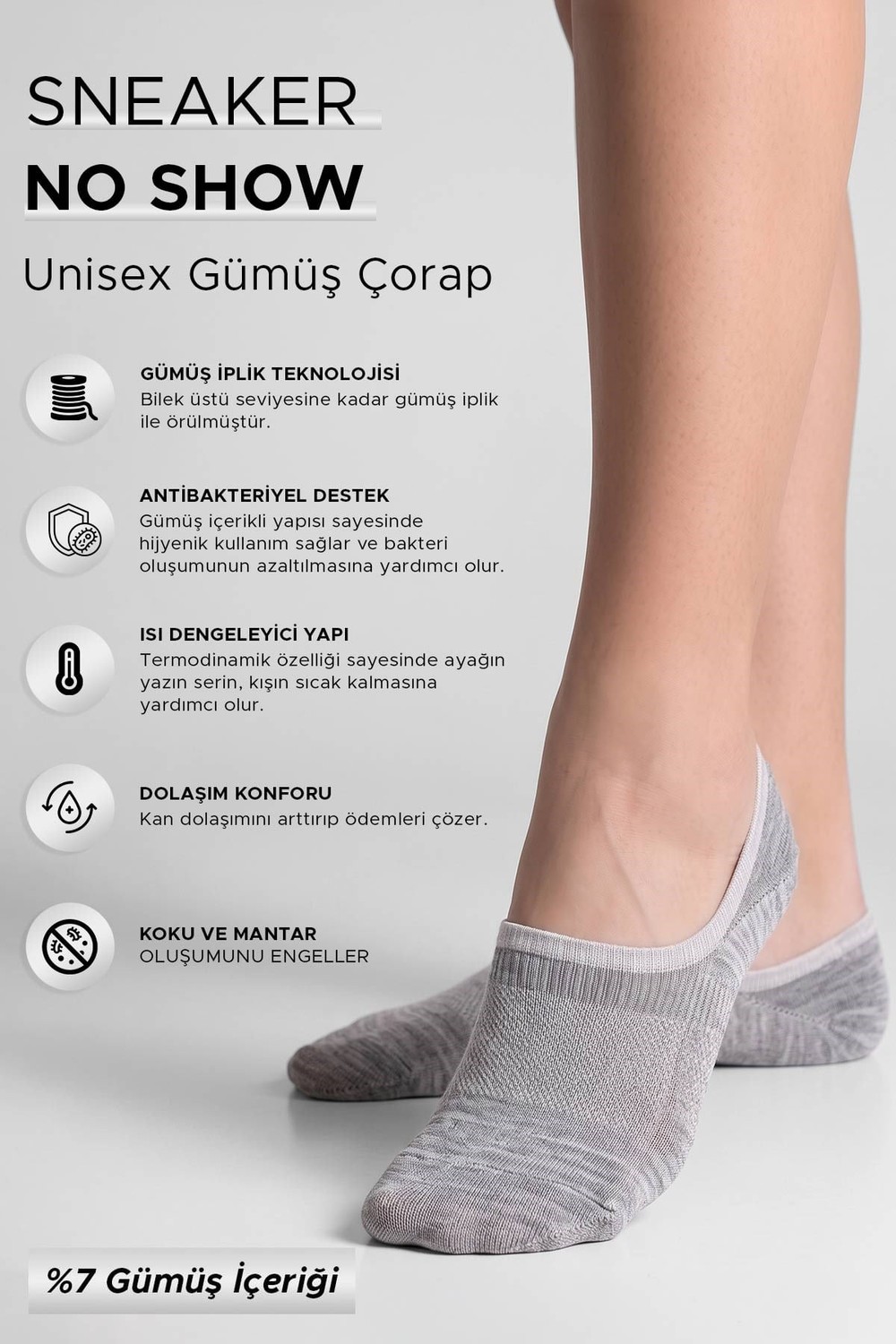 Mısırlı Unisex %7 Gümüş içerikli  No Show  Sneaker Çorap Gri
