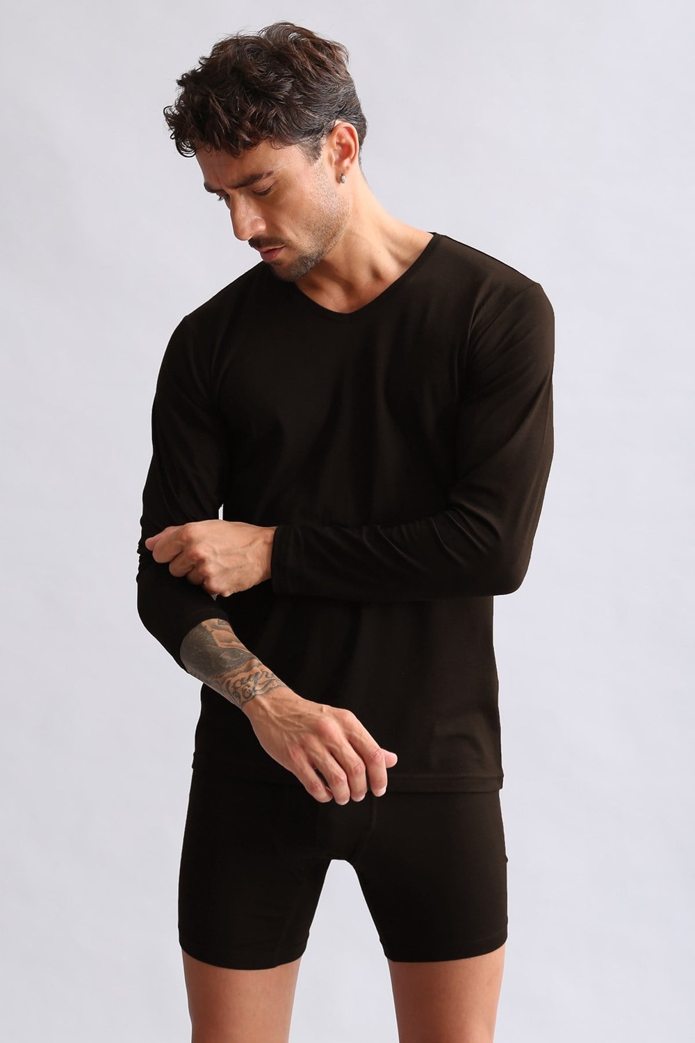 ORGANIC Pamuklu HERCULES Slim Fit V Yaka Uzun Kollu Erkek Fanila Kahverengi
