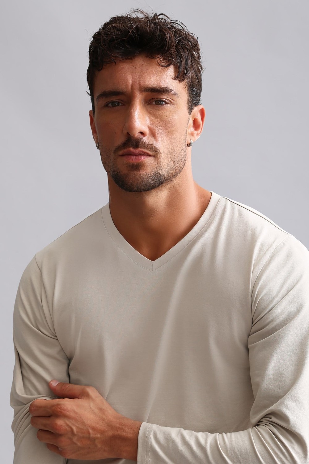 ORGANIC Pamuklu HERCULES Slim Fit V Yaka Uzun Kollu Erkek Fanila Toprak Bej