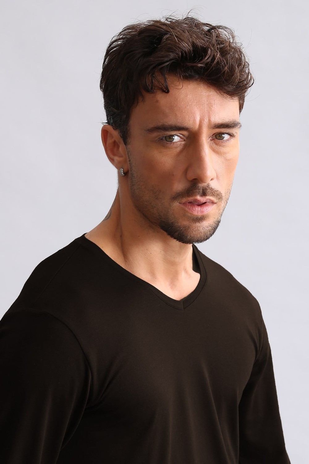 ORGANIC Pamuklu HERCULES Slim Fit V Yaka Uzun Kollu Erkek Fanila Kahverengi