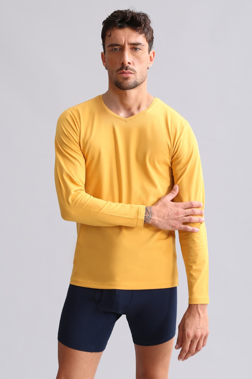 ORGANIC Pamuklu HERCULES Slim Fit V Yaka Uzun Kollu Erkek Fanila Hardal