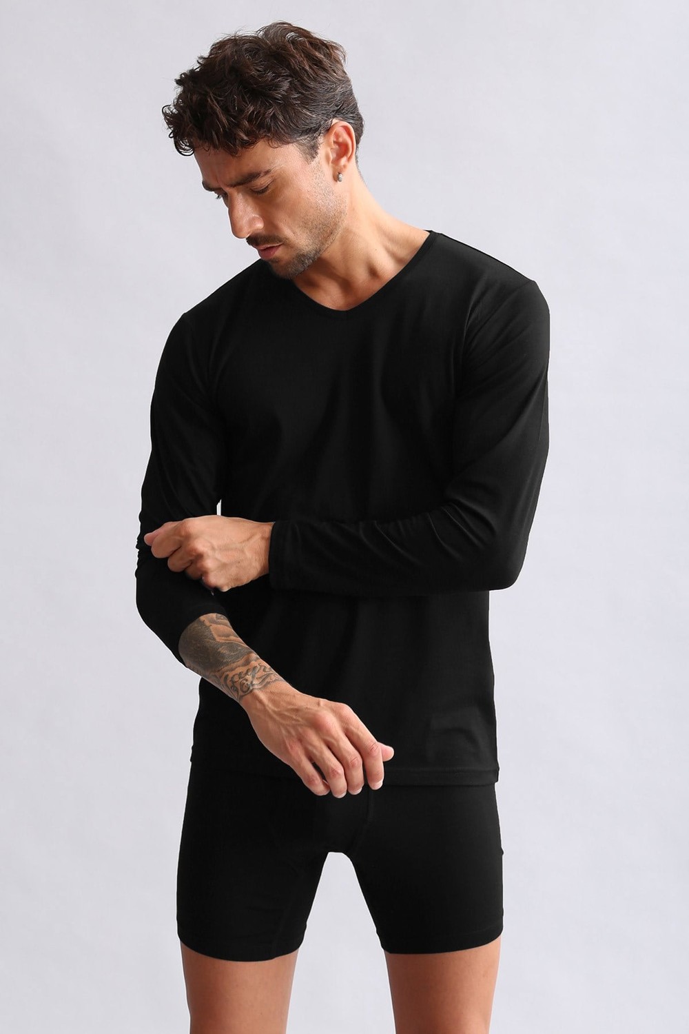 ORGANIC Pamuklu HERCULES Slim Fit V Yaka Uzun Kollu Erkek Fanila Siyah