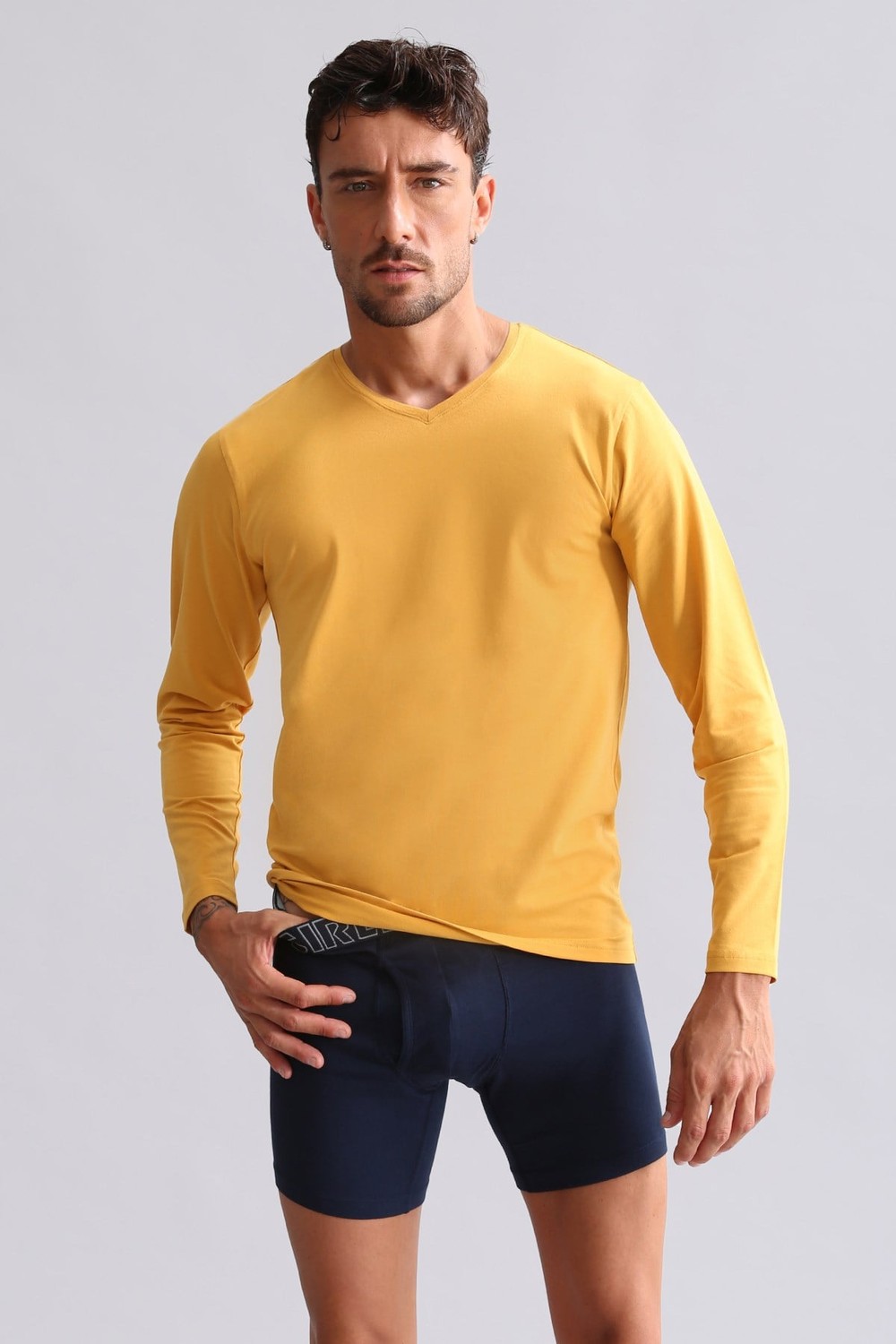 ORGANIC Pamuklu HERCULES Slim Fit V Yaka Uzun Kollu Erkek Fanila Hardal