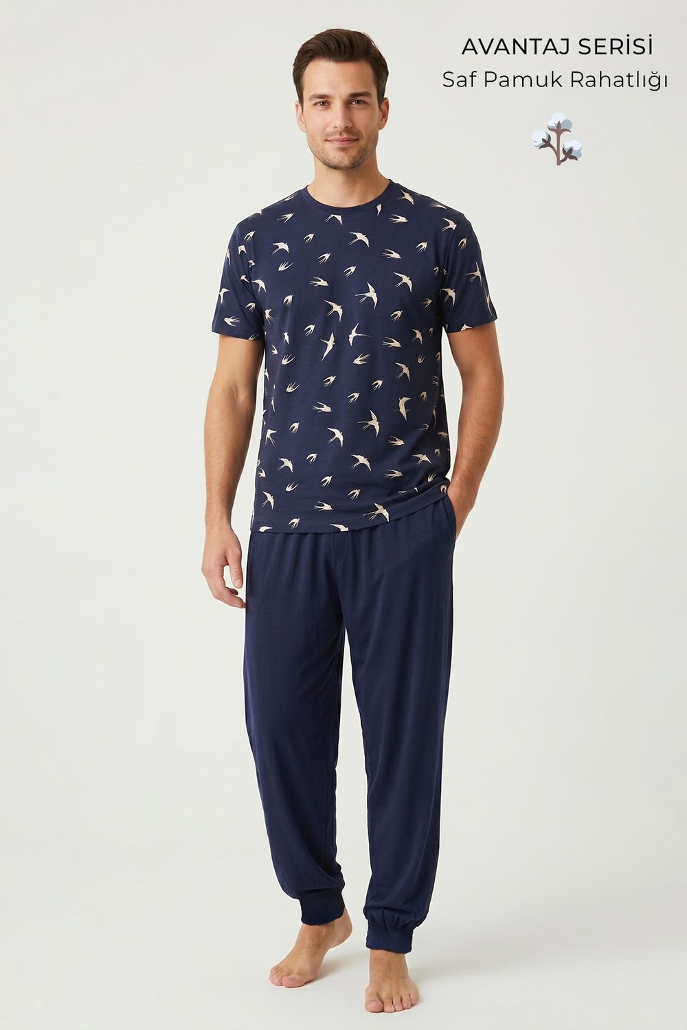 Pamuklu Kısa Kollu Pijama Takım Lacivert