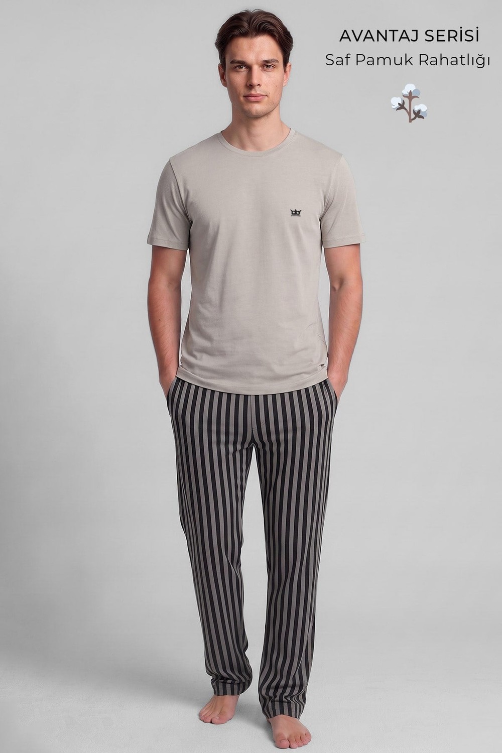Pamuklu Kısa Kollu Pijama Takım Taş-Siyah Çizgili