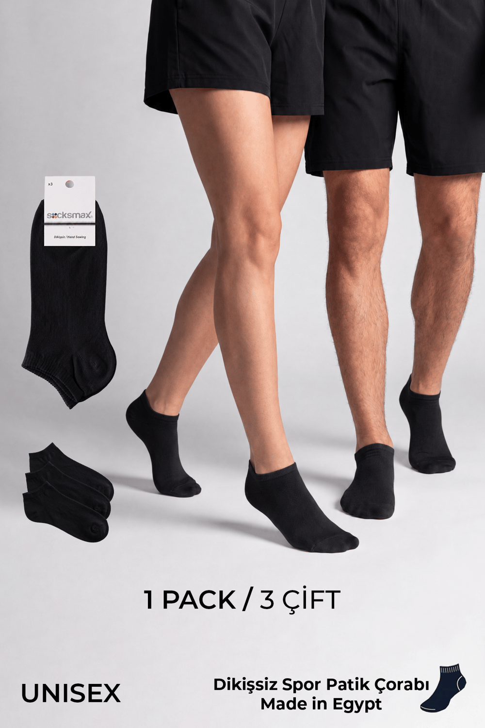 Socksmax Unisex Pamuklu Dikişsiz Üçlü Patik Çorap Siyah