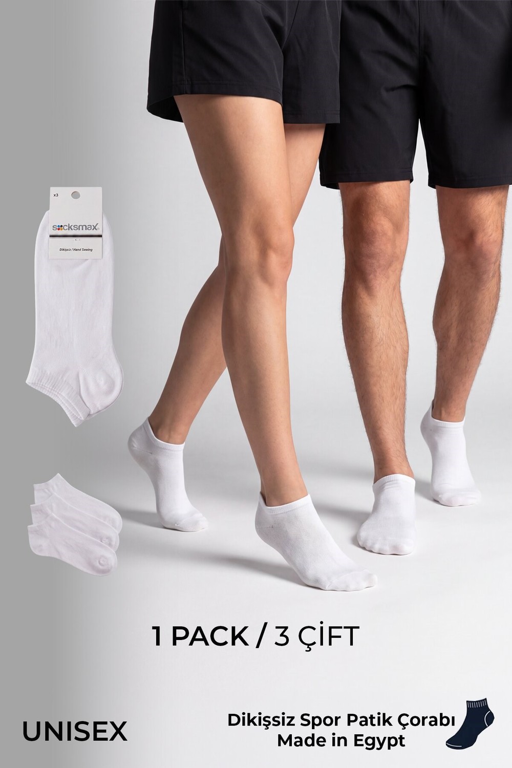Socksmax Unisex Pamuklu Dikişsiz Üçlü Patik Çorap Beyaz