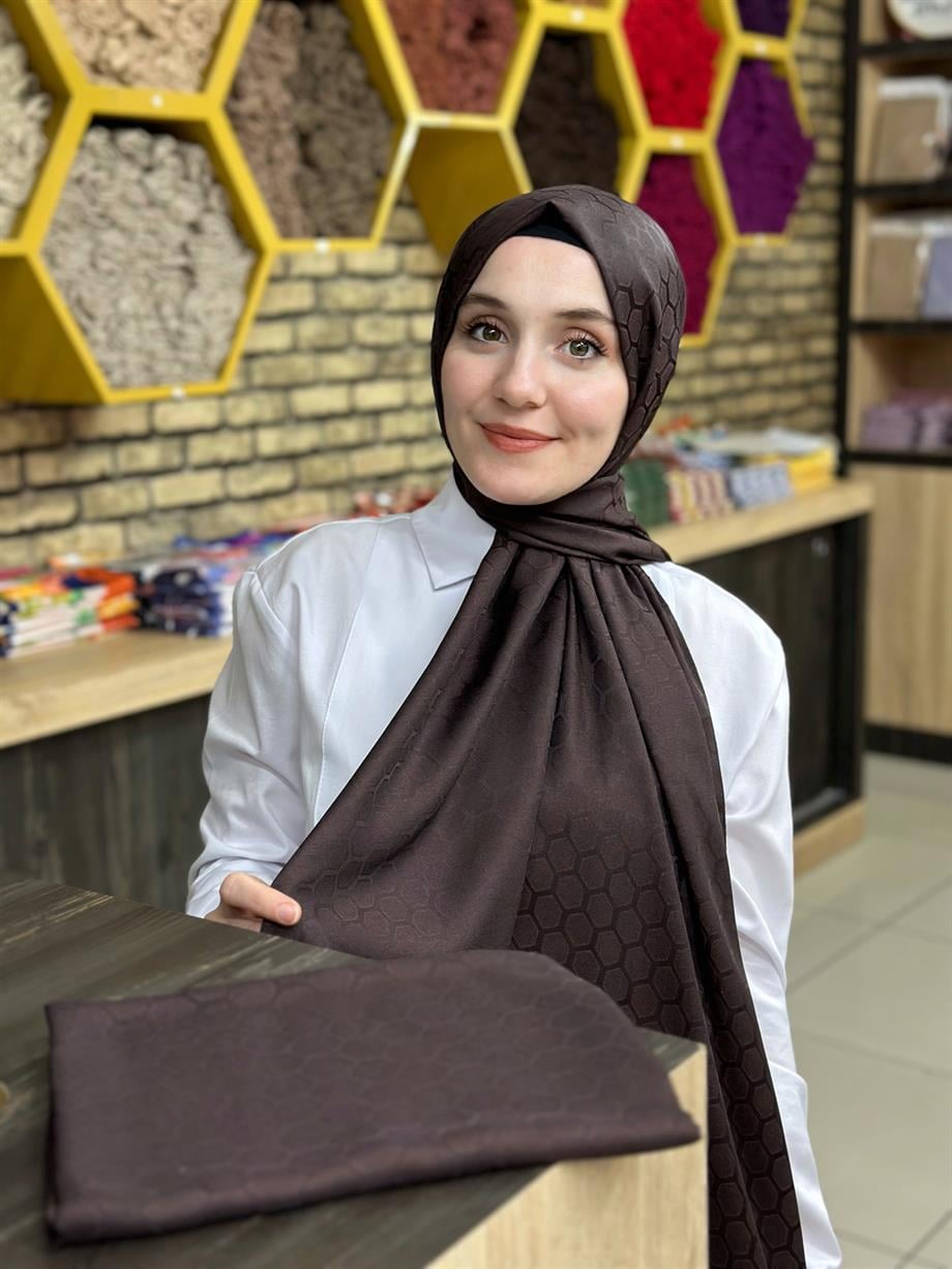 Petek Desen İpekli Jakar Şal Acı Kahve