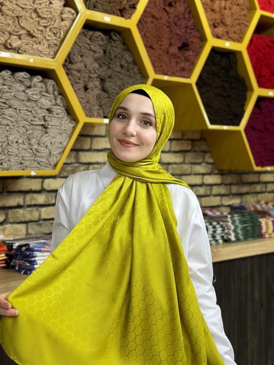 Petek Desen İpekli Jakar Şal Yağ Yeşili