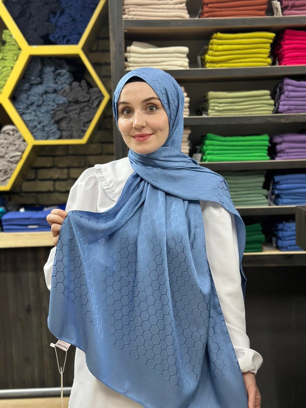 Petek Desen İpekli Jakar Şal Yeni Kot Mavisi